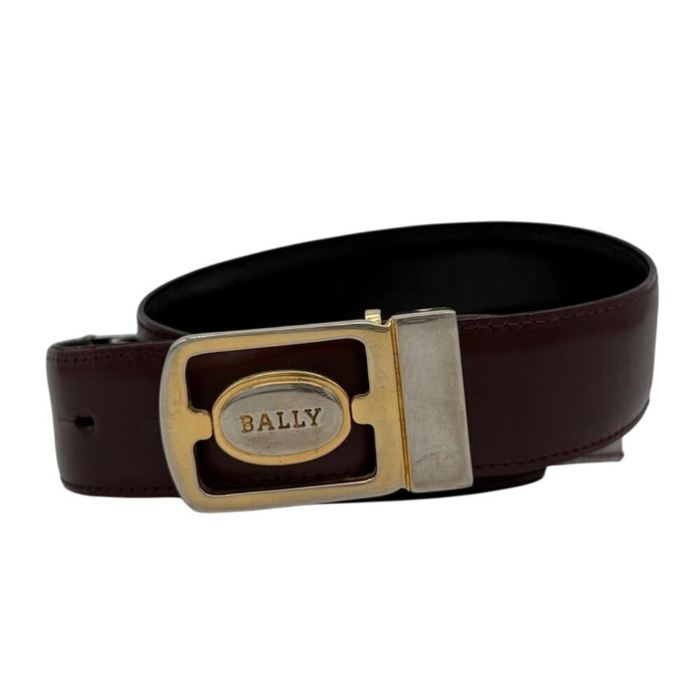 Bally Vintage Leather Belt Burgundy Black Gold Logo Buckle Upcycle DIY 40"